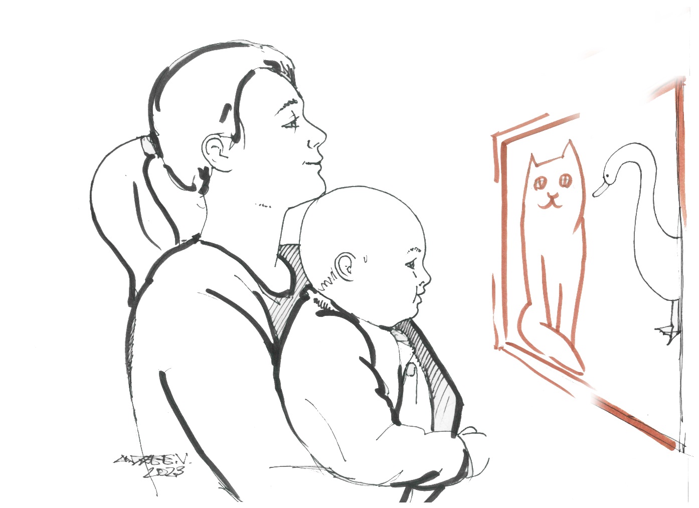 Женщина с дочерью смотрят на картины на стене