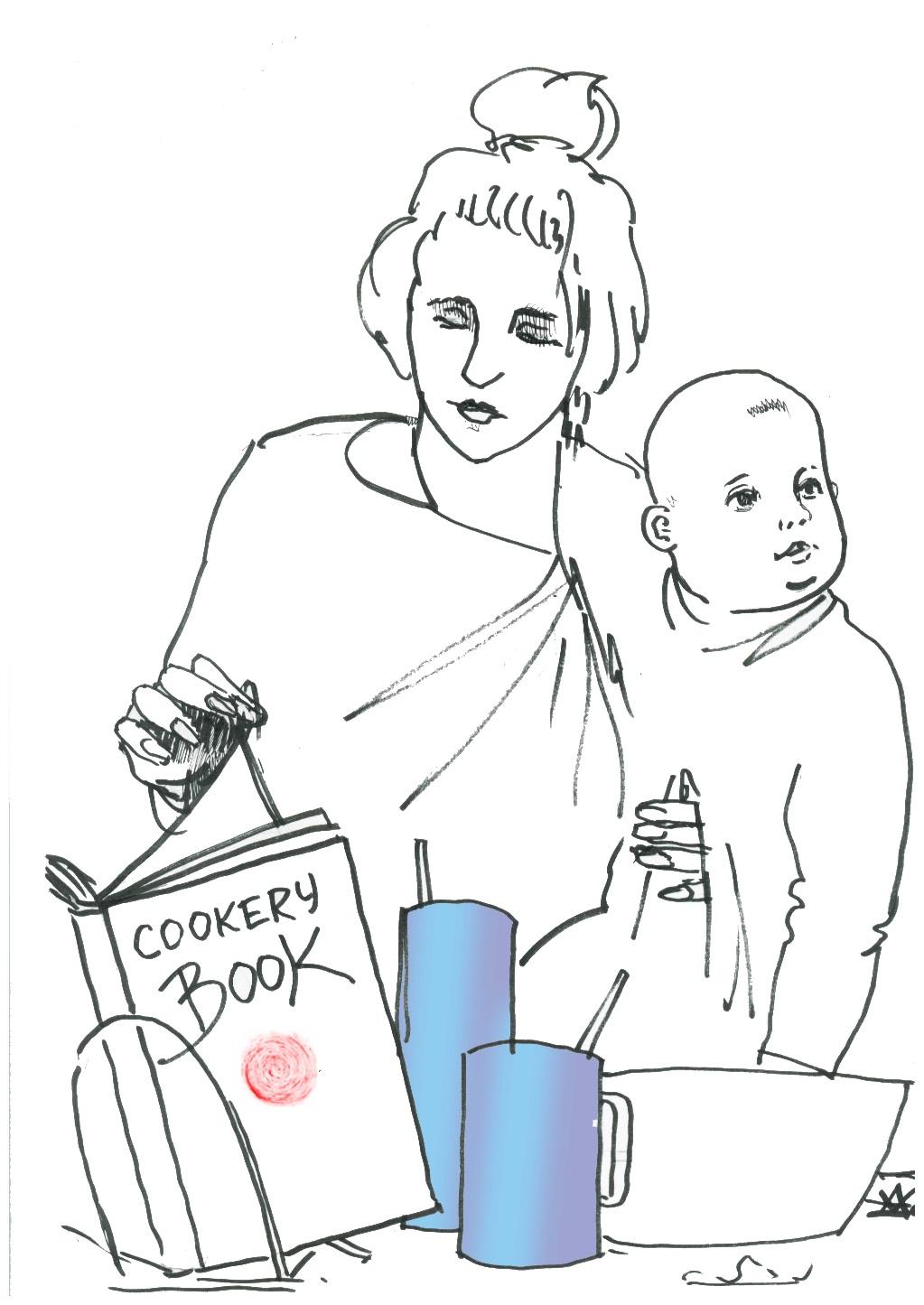Женщина готовит с ребенком на руках. Женщина и ребенок смотрят в разные стороны